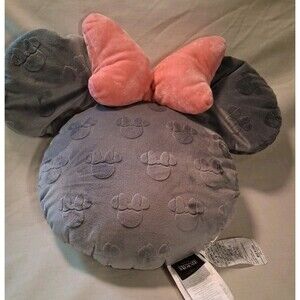 Disney Minnie Mouse Large Soft Velour-Like Gray Plush Pillow with Pink Bow 12"